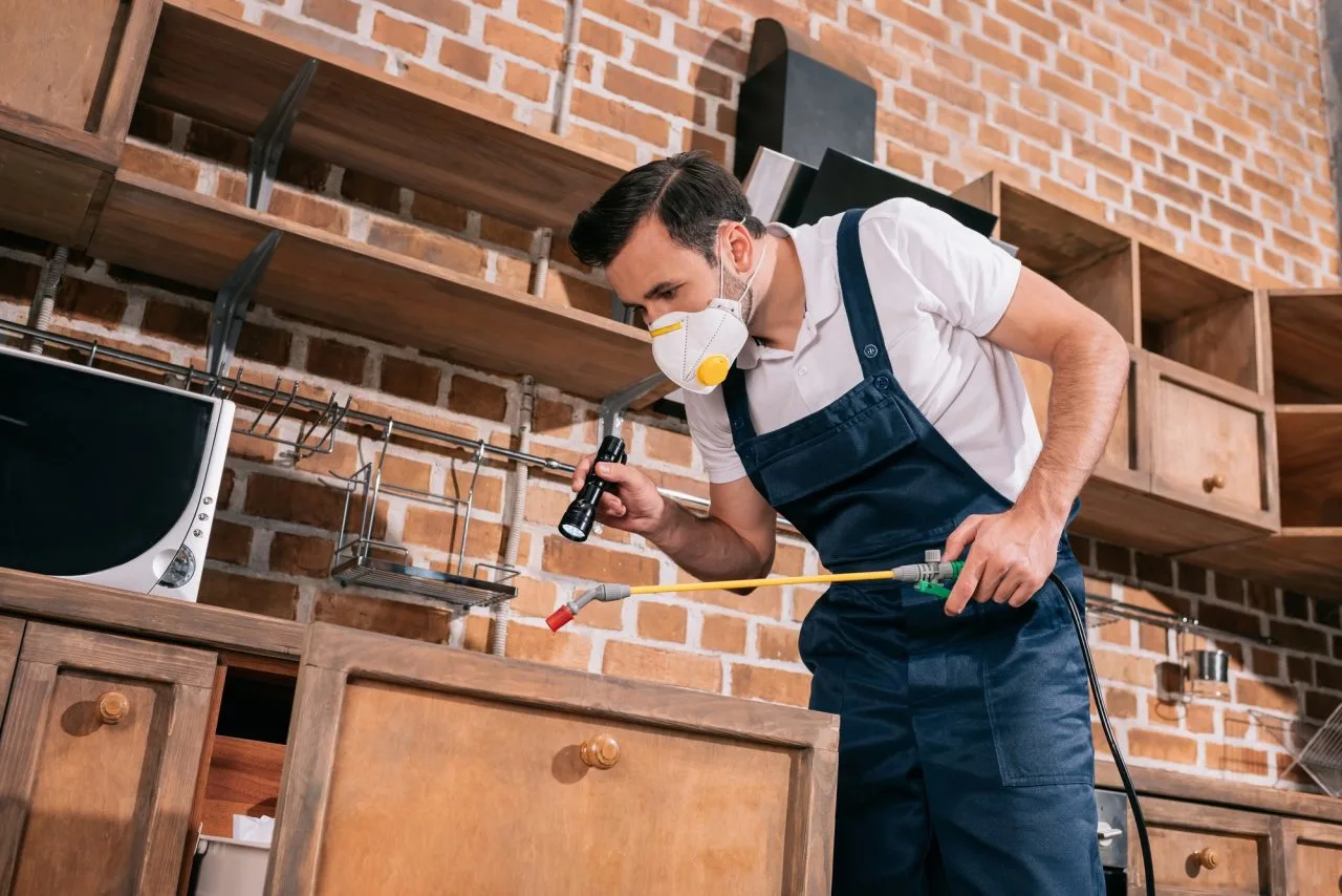 Professional pest control technician performing rodent inspection and removal to eliminate rats and mice safely.